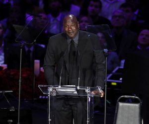 epa08244953 Former NBA player and Hall of Famer Michael Jordan talks about NBA Los Angeles Lakers Kobe Bryant and his daughter, Gianna's memorial service 'A Celebration of Life: Kobe and Gianna Bryant' at Staple Center in Los Angeles, California, USA, 24 February 2020. Bryant, his daughter Gianna 'Gigi' Bryant, Payton Chester, Sarah Chester, Alyssa Altobelli, Keri Altobelli, John Alobelli, Christina Mauser, and helicopter pilot, Ara Zobayan died in helicopter crash in a Calabassas hillside on 26 January.  EPA/ETIENNE LAURENT
