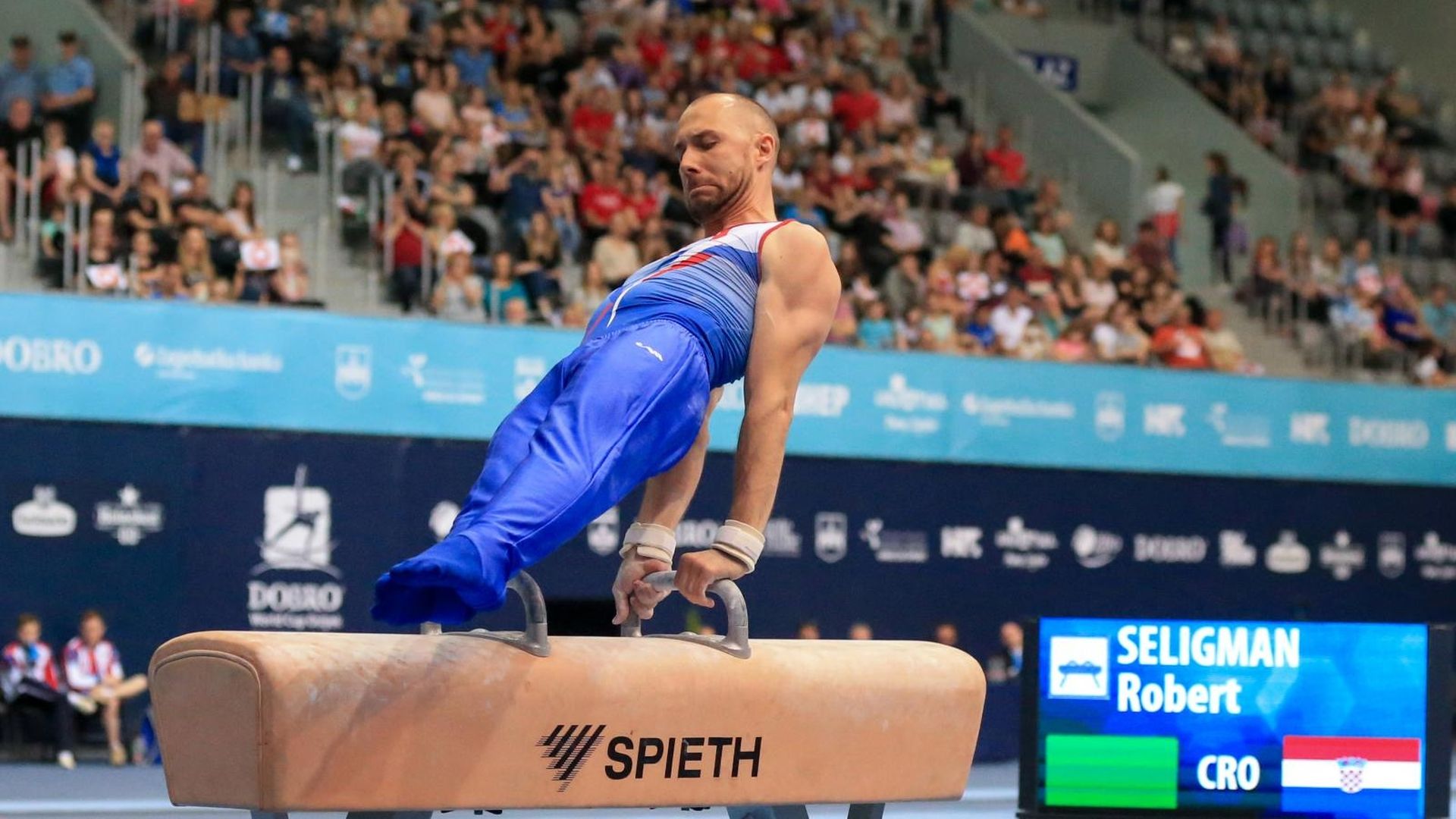 25.05.2019., Osijek - Prvi finalni dan 11. izdanja Svjetskog gimnastickog kupa DOBRO World Cup. Robert Seligman osvojio je prvo mjesto u disiplini konj s hvataljkama. Photo: Dubravka Petric/PIXSELL