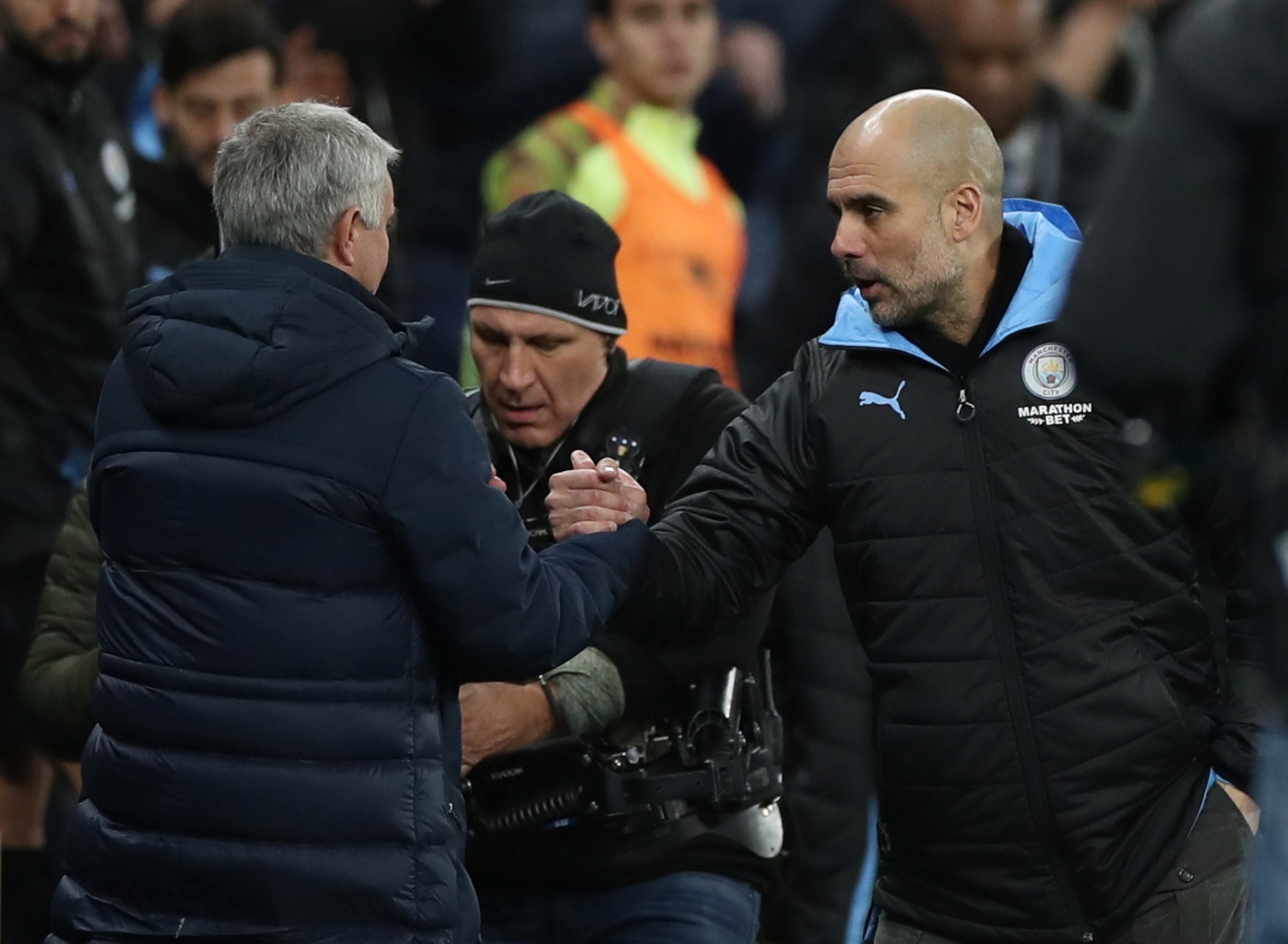 Premier League - Tottenham Hotspur v Manchester City Soccer Football - Premier League - Tottenham Hotspur v Manchester City - Tottenham Hotspur Stadium, London, Britain - February 2, 2020   Tottenham Hotspur manager Jose Mourinho shakes hands with Manchester City manager Pep Guardiola after the match    REUTERS/David Klein    EDITORIAL USE ONLY. No use with unauthorized audio, video, data, fixture lists, club/league logos or "live" services. Online in-match use limited to 75 images, no video emulation. No use in betting, games or single club/league/player publications.  Please contact your account representative for further details. DAVID KLEIN