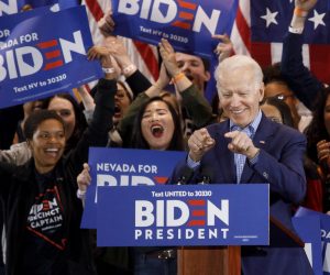 epaselect epa08239382 US Democratic presidential candidate, former Vice President Joe Biden (C, front), reacts as he addresses supporters during his Nevada post-caucus rally in Las Vegas, Nevada, USA, 22 February 2020. Biden was expected to finish in second place behind Bernie Sanders according to numerous projections. Vermont senator Bernie Sanders won the Nevada Democratic caucuses.  EPA/EUGENE GARCIA
