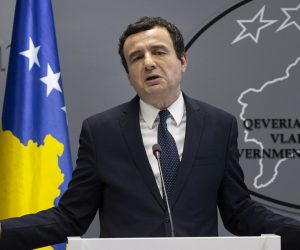 epa08249549 Prime minister of the Republic of Kosovo Albin Kurti gestures during an extraordinary press conference in Pristina, Kosovo, 26 February 2020. The Prime Minister of the Republic of Kosovo, Albin Kurti, through an official letter informed the Speaker of the Assembly of the Republic of Kosovo on the constitutional implications of the exchange of letters dated April 19, 2013 between the then Prime Minister Hashim Thaci and the then Secretary General of NATO, Anders Fogh Rasmussen. Through this agreement, Prime Minister Thaci, on behalf of the Republic of Kosovo, transferred to KFOR the absolute veto power over all future Kosovo Security Force (KSF) missions in the north of Kosovo for an unenforceable period.  EPA/VALDRIN XHEMAJ