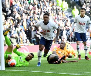 epa08262200 Steven Bergwijn of Tottenham Hotspur (C) celebrates scoring a goal during the English Premier League match between Tottenham Hotspur and Wolverhampton Wanderers held at the Tottenham stadium in London, Britain, 01 March 2020.  EPA/FACUNDO ARRIZABALAGA EDITORIAL USE ONLY. No use with unauthorized audio, video, data, fixture lists, club/league logos or 'live' services. Online in-match use limited to 120 images, no video emulation. No use in betting, games or single club/league/player publications