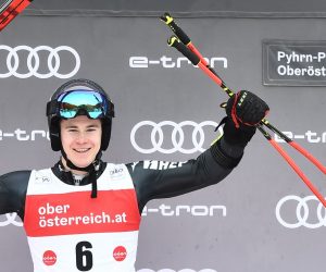 epa08264651 Second placed Filip Zubcic of Croatia celebrates on the podium for the Men's Giant Slalom race at the FIS Alpine Skiing World Cup in Hinterstoder, Austria, 02 March 2020.  EPA/CHRISTIAN BRUNA