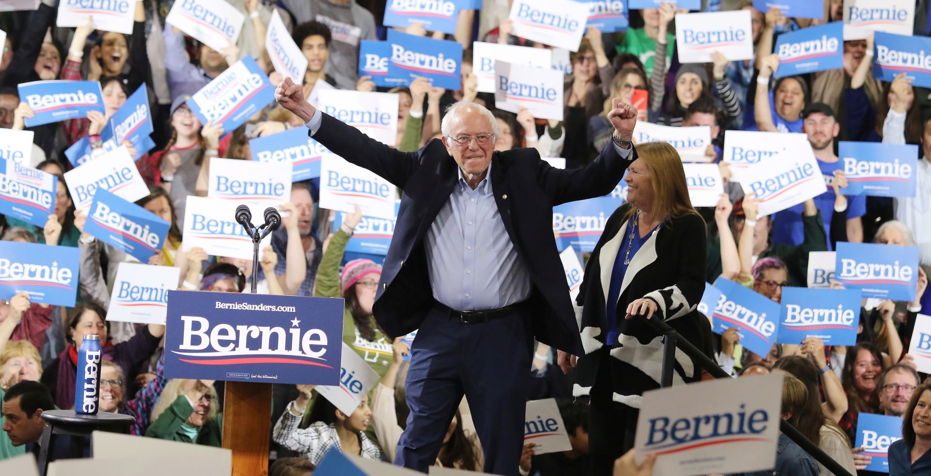 epa08268303 Vermont Senator and Democratic Presidential candidate Bernie Sanders speaks during his primary night event on Super Tuesday at the Champlain Valley Exposition in Essex Junction, Vermont, USA, 03 March 2020. Fourteen states are holding their primaries with more than one third of the total pledged delegates in the Democratic primaries to be awarded on Super Tuesday.  EPA/HERB SWANSON