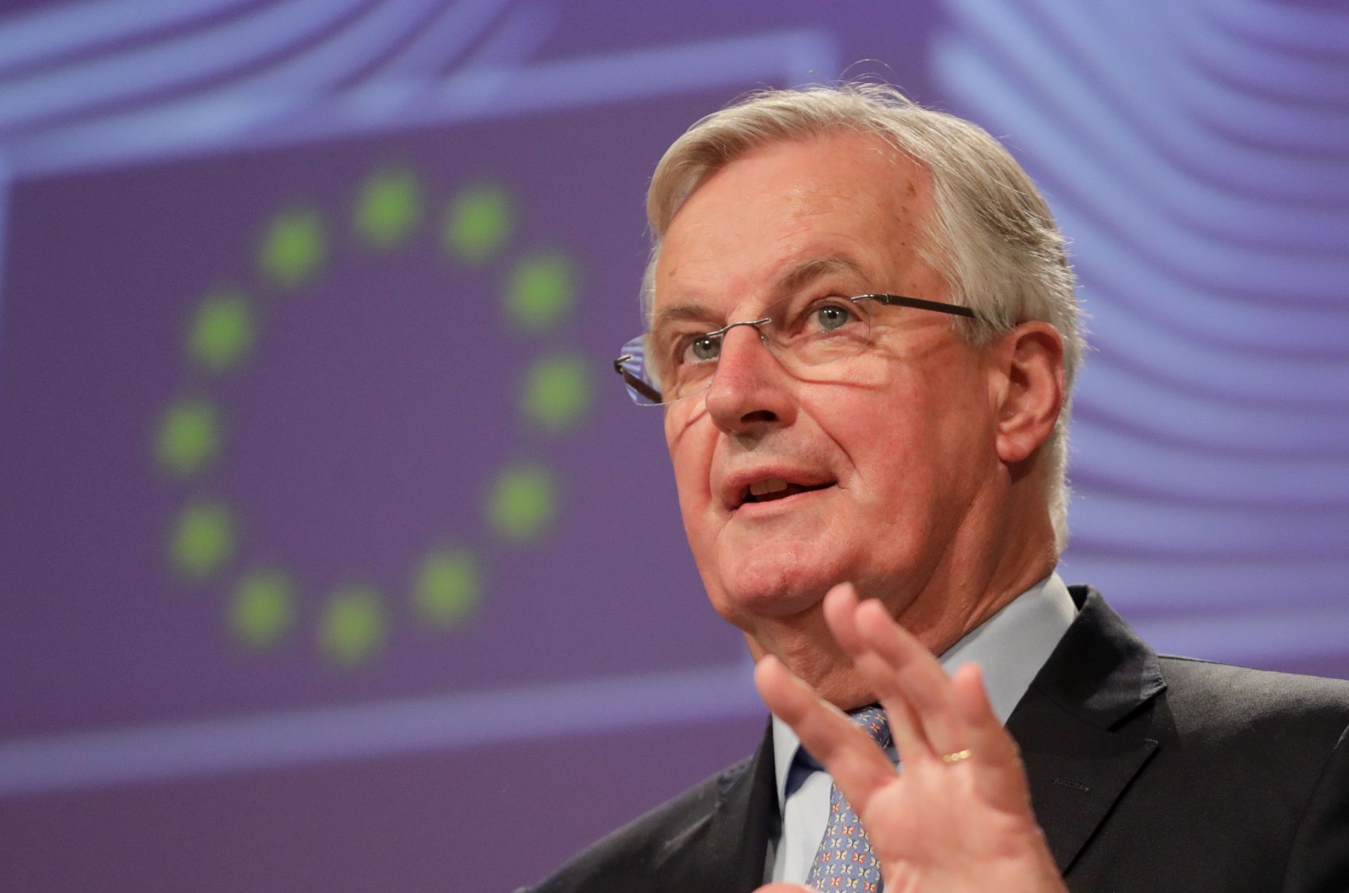 epa08272043 European Commission's Head of Task Force for Relations with the United Kingdom Michel Barnier gives a press conference following the First round of EU - UK Brexit negotiations at the European Commission in Brussels, Belgium, 05 March 2020.  EPA/STEPHANIE LECOCQ