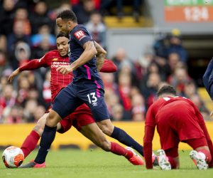 epa08276379 Liverpool's Joe Gomez (L) in action with Bournemouth's Callum Wilson (R) during the English Premier League soccer match between Liverpool and Bournemouth at Anfield, Liverpool, Britain, 07 March 2020.  EPA/PETER POWELL EDITORIAL USE ONLY. No use with unauthorized audio, video, data, fixture lists, club/league logos or 'live' services. Online in-match use limited to 120 images, no video emulation. No use in betting, games or single club/league/player publications