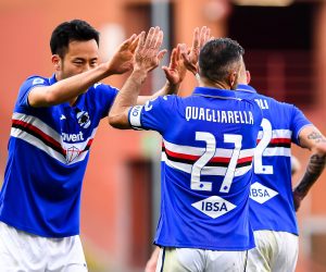 epa08278788 Sampdoria’s Fabio Quagliarella (C) celebrates with teammate Maya Yoshida (L) after scoring during the Italian Serie A soccer match UC Sampdoria vs Hellas Verona FC at Luigi Ferraris stadium in Genoa, Italy, 08 March 2020.  EPA/SIMONE ARVEDA