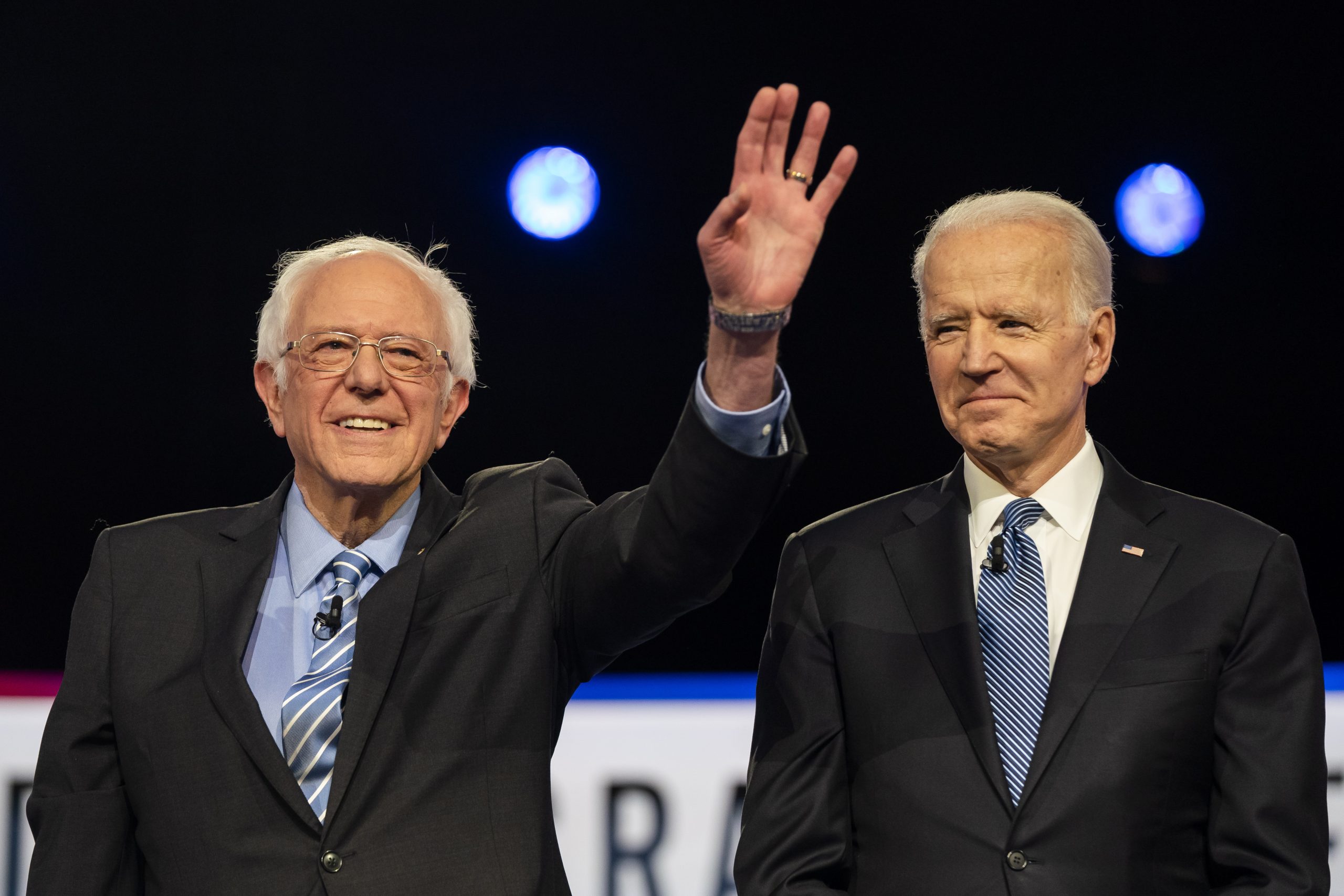 epaselect Democratic presidential candidates Bernie Sanders (L) and Joe Biden (R) stand on stage during the tenth Democratic presidential debate at the Gaillard Center in Charleston, South Carolina, USA, 25 February, 2020. The South Carolina primary is scheduled for 29 February 2020.