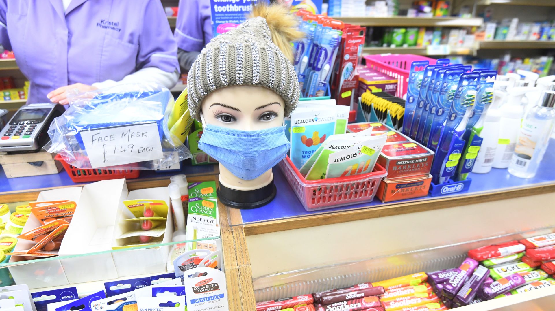 epa08297243 A store selling facemasks and hand sanitizers in  south London, Britain, 16 March 2020. There has been a shortage of products in the counters due to the coronavirus. Several European countries have closed borders, schools as well as public facilities, and have cancelled most major sports and entertainment events in order to prevent the spread of the SARS-CoV-2 Coronavirus causing the Covid-19 disease.  EPA/FACUNDO ARRIZABALAGA