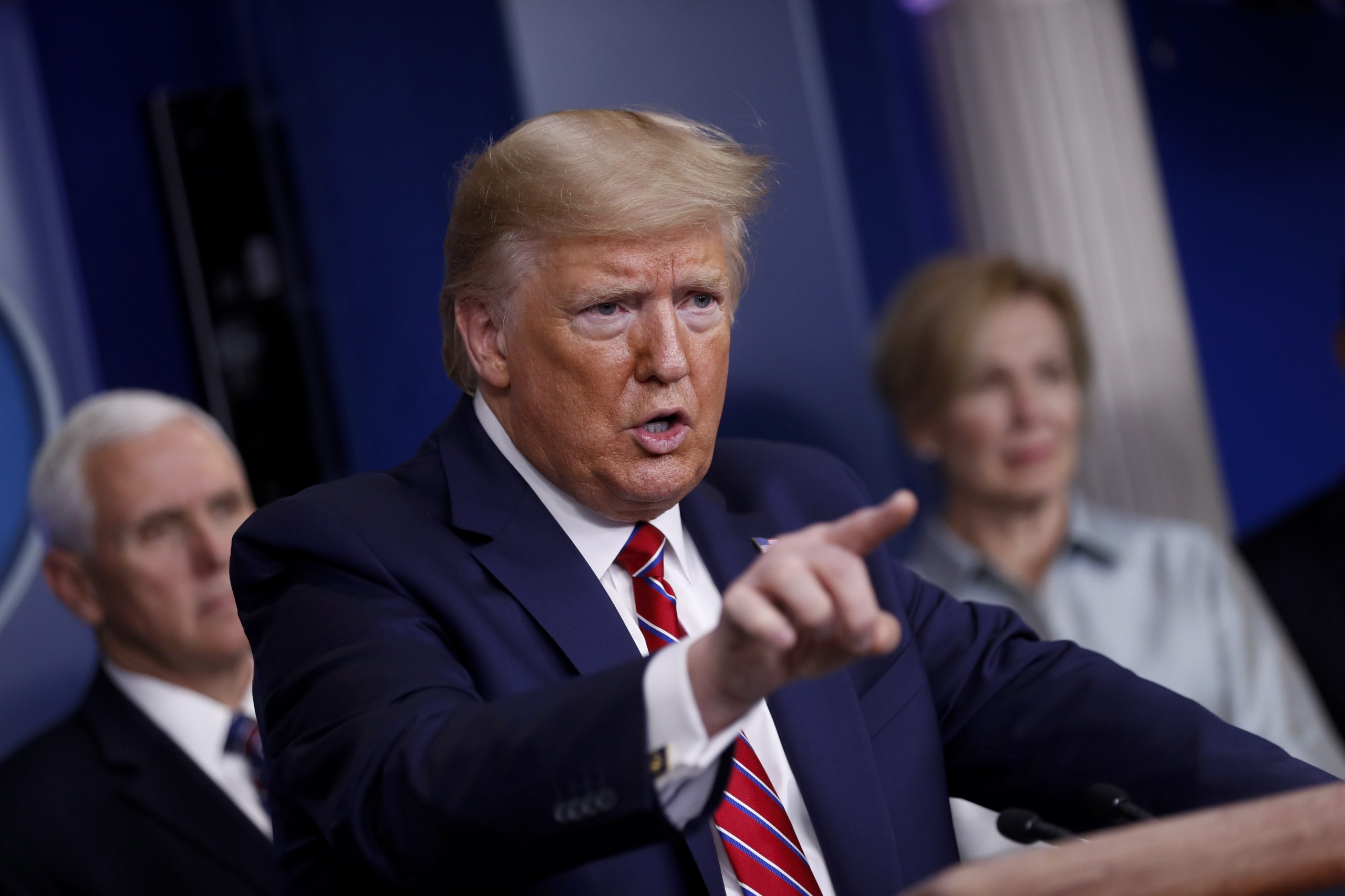 epa08310167 US President Donald J. Trump speaks during a Coronavirus Task Force news conference in the briefing room of the White House in Washington, DC, USA, 20 March 2020. Americans will have to practice social distancing for at least several more weeks to mitigate U.S. cases of Covid-19, Anthony S. Fauci of the National Institutes of Health said today. Countries around the world are taking increased measures to stem the widespread of the SARS-CoV-2 coronavirus which causes the Covid-19 disease.  EPA/AL DRAGO / POOL