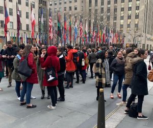 Hachette Book Group employees in New York City, during a Thursday walkout protesting their company's decision to publish Woody Allen's memoir.