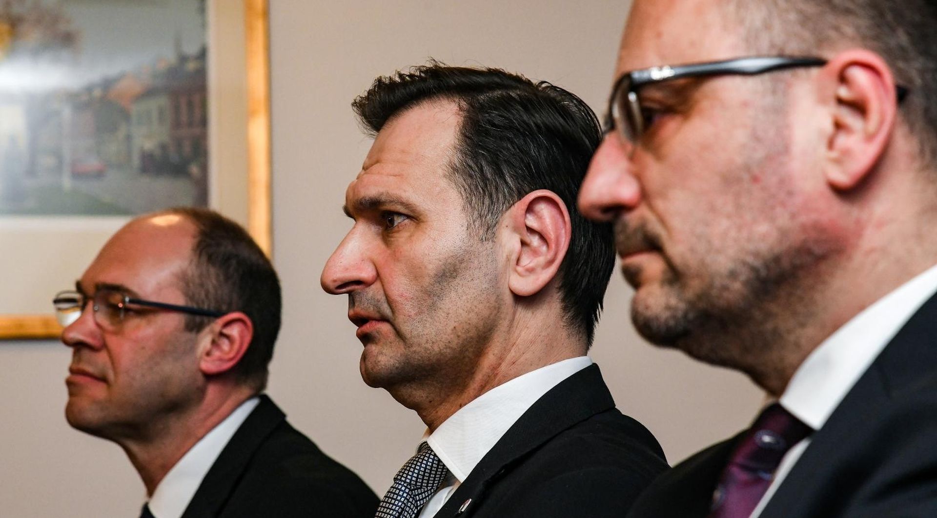 15.03.2020., Zagreb - Izborni stozer tima "Opcija za promjene" na unutarstranackim izborima u HDZ-u u hotelu Panorama. Davor Ivo Stier, Miro Kovac, Milijan Brkic Photo: Josip Regovic/PIXSELL