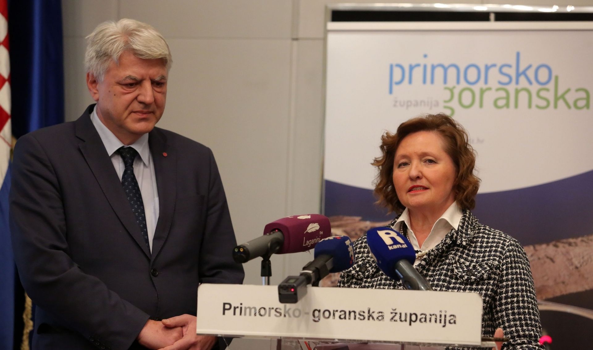 16.03.2020., Rijeka -  Konferencija za medije zupana Zlatka Komadine i zupanijske procelnice za zdravstvo Djulije Malatestinic u sjedistu Zupanije Primorsko goranske. 
Photo:Goran Kovacic/PIXSELL