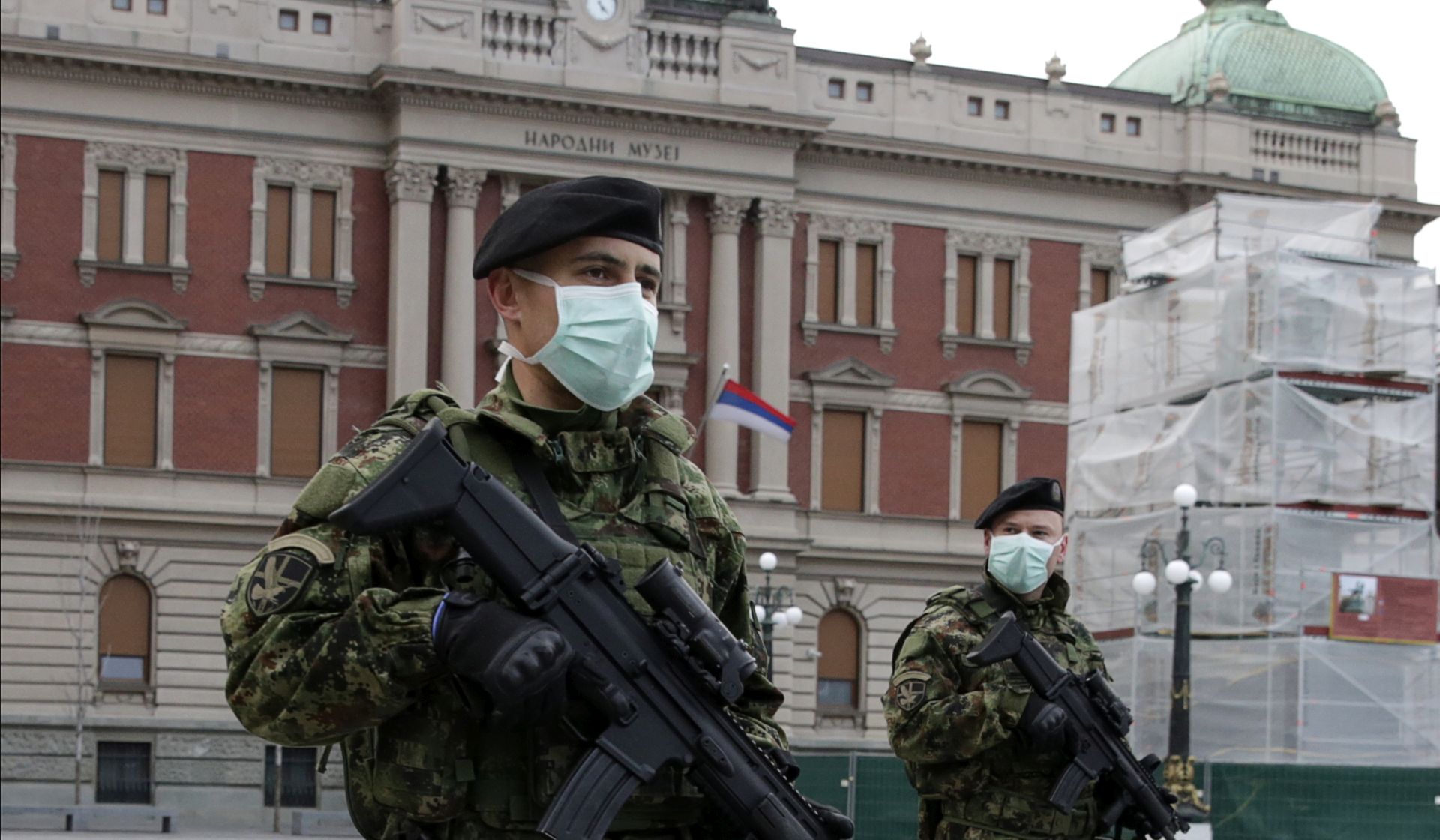 epa08316459 Serbian army soldiers patrol during the curfew starting 5PM till 5AM in Belgrade, Serbia, 23 March 2020. The Serbian authorities declared the state of emergency on Sunday 15 March over the situation with the coronavirus. Several European countries have closed borders, schools and public facilities, and have cancelled major sports and entertainment events in order to prevent the spread of the coronavirus SARS-CoV-2 which causes the Covid-19 disease.  EPA/MARKO DJOKOVIC
