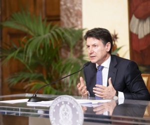 epa08329394 A handout photo made available by the Press office Palazzo Chigi shows Italian Prime Minister Giuseppe Conte attending a press conference at Palazzo Chigi, Rome, Italy, 28 March 2020.  EPA/Palazzo Chigi