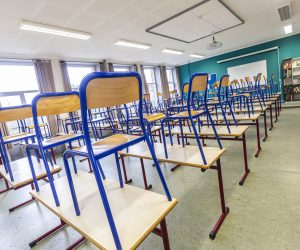 epa08340332 An empty classroom at the secondary school in Izel, Belgium, 03 April 2020. As the two weeks of Easter holidays (or officially spring holidays) approach, school have no plans to reopen after the holidays. Countries around the world are taking increased measures to stem the widespread of the SARS-CoV-2 coronavirus which causes the Covid-19 disease.  EPA/JULIEN WARNAND
