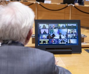 Bruxelles, 3.4.2020 - Videokonferencija ministara vanjskih poslova drava èlanica EU-a na kojoj je glavna tema bila borba protiv koronavirusa. 
foto HINA/ EU/ Zucchi-Enzo/ ua