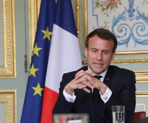 epa08351332 French president Emmanuel Macron takes part in a videoconference with World Health Organization (WHO) general director Tedros Adhanom Ghebreyesus at the Elysee Palace, Paris, France, 08 April 2020. Countries around the world are taking increased measures to stem the widespread of the SARS-CoV-2 coronavirus which causes the Covid-19 disease.  EPA/LUDOVIC MARIN / POOL  MAXPPP OUT