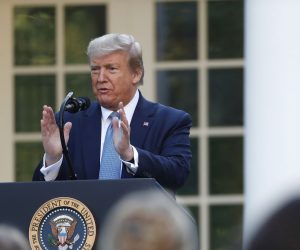 epa08365372 US President Donald J. Trump takes questions during the Coronavirus Task Force briefing on the COVID-19 pandemic in the Rose Garden at the White House in Washington, DC, USA, 15 April 2020.  EPA/SHAWN THEW / POOL
