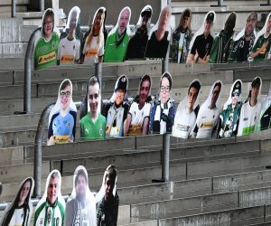 epa08365755 Cardboard cutouts showing supporters of German Bundesliga's football club Borussia Moenchengladbach are installed on the stands at Borussia Park stadium in Moenchengladbach, Germany, 16 April 2020. Supporters of Borussia Moenchengladbach wanted to contribute to a better atmosphere during 'ghost games' in the German Bundesliga. The German government and local authorities have heightened measures to stem the spread of COVID-19. The federal and state conference on the coronavirus crisis had confirmed that all upcoming major events would be suspended until 31 August 2020.  EPA/SASCHA STEINBACH