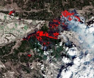 epa08369404 A handout picture made available by the European Space Agency (ESA) shows the burned area around Chernobyl, Ukraine, 10 April 2020, following an outbreak of wildfires (issued 17 April 2020). This extract of a burned area mapping product was generated by CIMA Foundation and Fadeout using the WASDI processing environment. It is based on images acquired by Copernicus Sentinel-2 on 26 March and 10 April 2020.  EPA/ESA HANDOUT -- contains Copernicus Sentinel data (2020), processed by CIMA Foundation and Fadeout srl -- HANDOUT EDITORIAL USE ONLY/NO SALES