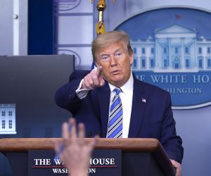 epa08372246 US President Donald J. Trump delivers remarks on the Coronavirus pandemic during a coronavirus task force news conference in the James S. Brady Press Briefing room at the White House in Washington DC, USA, 19 April 2020.  EPA/Stefani Reynolds / POOL
