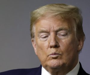 epa08376293 US President Donald J. Trump reacts during the Coronavirus Task Force press briefing at the White House in Washington, DC, USA, 21 April 2020.  EPA/Yuri Gripas / POOL