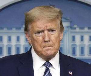 epa08376307 US President Donald J. Trump reacts as he speaks during the Coronavirus Task Force press briefing at the White House in Washington, DC, USA, 21 April 2020.  EPA/Yuri Gripas / POOL