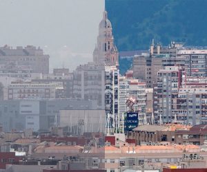 epa08380415 A combo picture shows the skyline of Murcia days before the national lockdown amid the ongoing coronavirus COVID-19 pandemic, 29 February 2020 (L), and the same site forty days into lockdown, on 23 April 2020 (R). Cities are experiencing a big fall on environmental pollution as the country remains under lockdown to avoid the spread of the pandemic COVID-19 disease caused by the SARS-CoV-2 coronavirus.  EPA/MaARCIAL GUILLEN