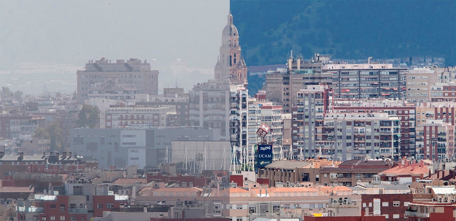 epa08380415 A combo picture shows the skyline of Murcia days before the national lockdown amid the ongoing coronavirus COVID-19 pandemic, 29 February 2020 (L), and the same site forty days into lockdown, on 23 April 2020 (R). Cities are experiencing a big fall on environmental pollution as the country remains under lockdown to avoid the spread of the pandemic COVID-19 disease caused by the SARS-CoV-2 coronavirus.  EPA/MaARCIAL GUILLEN