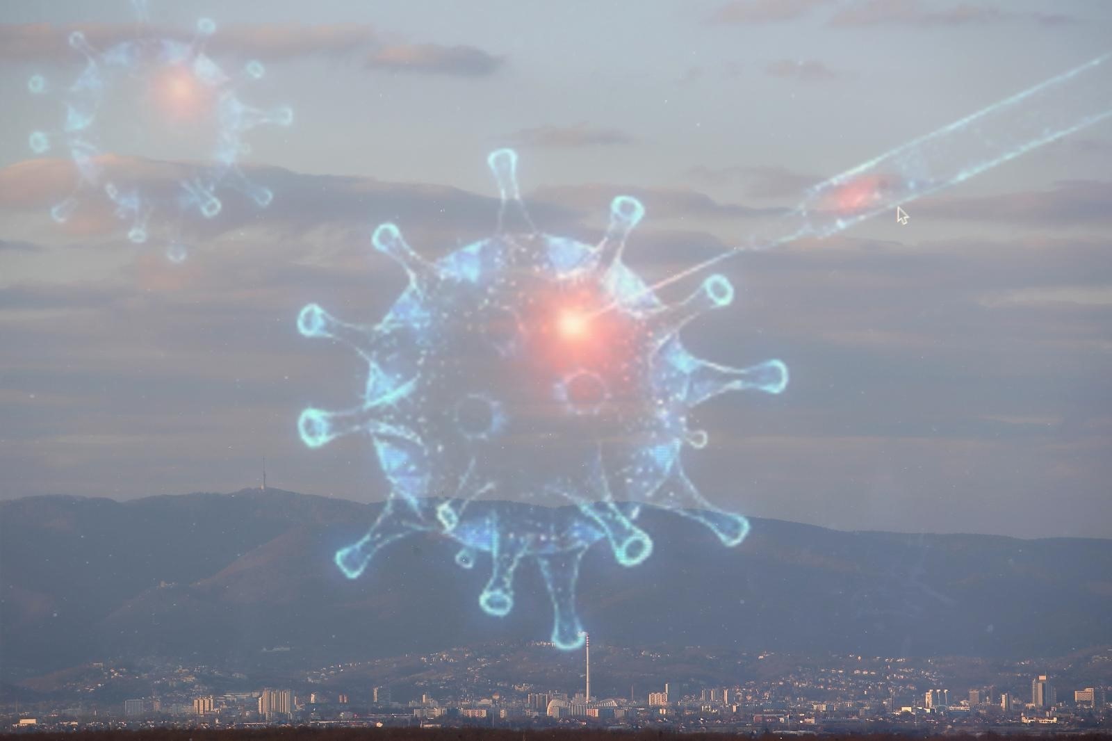 23.03..2020., Zagreb - Ilustracija za koronavirus. Odlukom Stozera civilne zastite  RH danas je stupila na snagu odluka o zatvaranju gradskog i medjugradskog prometa. Grad Zagreb je poostao jedna velika karantena gdje je kretanje dozvoljno samo hitnim službama i gradjanima koji idu na posao. (Fotografija nastala dvostrukom expozicijom). Photo: Zeljko Lukunic/PIXSELL
