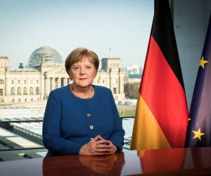 German Chancellor Angela Merkel speaks to the nation on coronavirus disease (COVID-19) measures in Berlin A handout photo made available by the German Government shows Chancellor Angela Merkel addressing the nation on coronavirus disease (COVID-19) measures in Berlin, Germany, March 18, 2020.   Bundesregierung/Steffen Kugler/Handout via REUTERS     ATTENTION EDITORS - THIS PICTURE WAS PROVIDED BY A THIRD PARTY. NO RESALES. NO ARCHIVE. HANDOUT