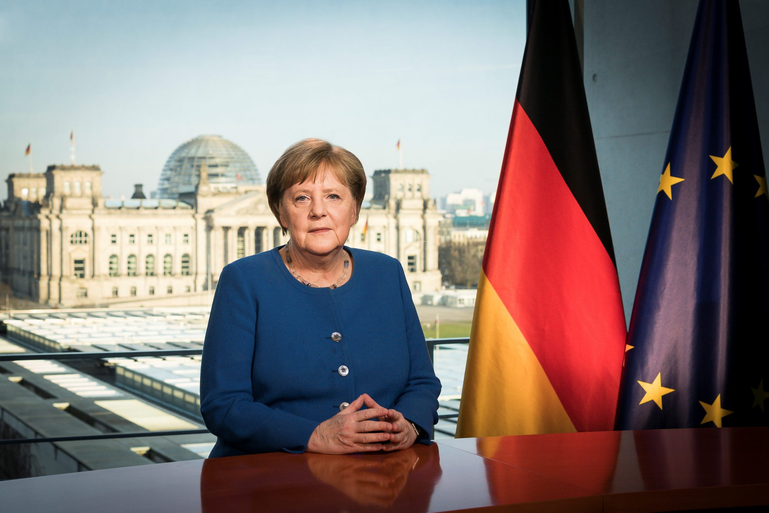 German Chancellor Angela Merkel speaks to the nation on coronavirus disease (COVID-19) measures in Berlin A handout photo made available by the German Government shows Chancellor Angela Merkel addressing the nation on coronavirus disease (COVID-19) measures in Berlin, Germany, March 18, 2020.   Bundesregierung/Steffen Kugler/Handout via REUTERS     ATTENTION EDITORS - THIS PICTURE WAS PROVIDED BY A THIRD PARTY. NO RESALES. NO ARCHIVE. HANDOUT