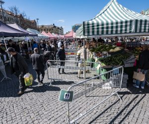 epa08384578 People walk at a market as the City of Malmo has placed fences and information to reduce congestion at the stands, due to the coronavirus pandemic, in Malmoe, Sweden, 25 April 2020. While many countries in Europe have instituted a lockdown in a bid to slow down the spread of the ongoing COVID-19 pandemic, Sweden has taken a far less drastic approach; for example, allowing primary schools to remain open as well as bars and restaurants as long as they limit all service to table service only.  EPA/Johan Nilsson SWEDEN OUT