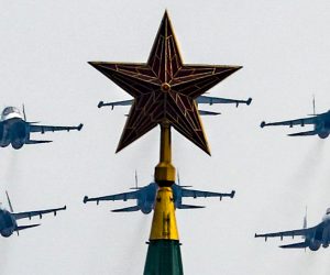 epa08399438 Aircrafts fly above Spaskaya rower of the Moscow Kremlin  during the general rehearsal of the Victory Day parade in Moscow, Russia, 04 May 2020. Russian President Vladimir Putin postponed a military parade to mark the 75th anniversary of Soviet victory in World War II, for prevent the spreading of the coronavirus SARS-CoV-2 pandemic.  EPA/SERGEI ILNITSKY