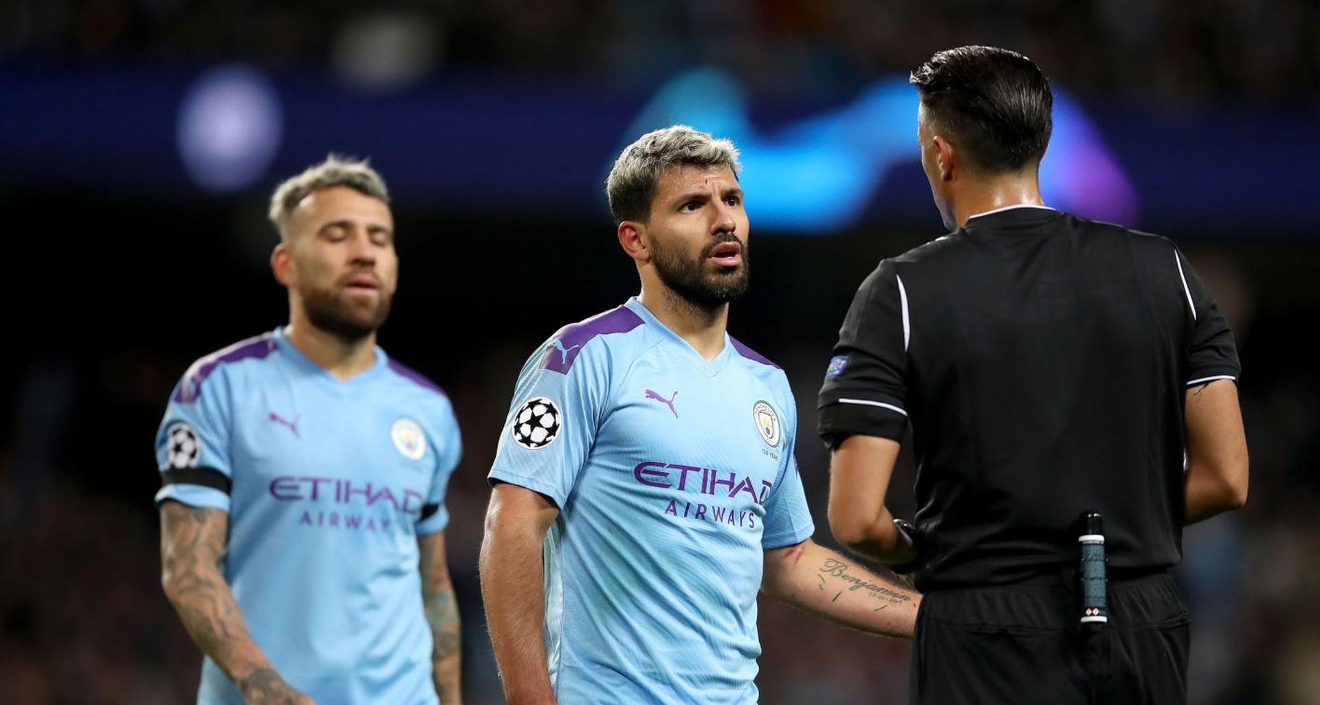 01.10.2019., stadion Etihad, Manchester, Engleska - UEFA Lige prvaka, skupina C, 2. kolo, Manchester City - GNK Dinamo. Sergio Aguero, sudac Serdar Gozubuyuk
Photo: Igor Kralj/PIXSELL