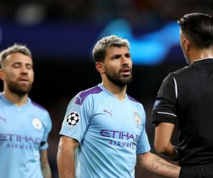 01.10.2019., stadion Etihad, Manchester, Engleska - UEFA Lige prvaka, skupina C, 2. kolo, Manchester City - GNK Dinamo. Sergio Aguero, sudac Serdar Gozubuyuk
Photo: Igor Kralj/PIXSELL