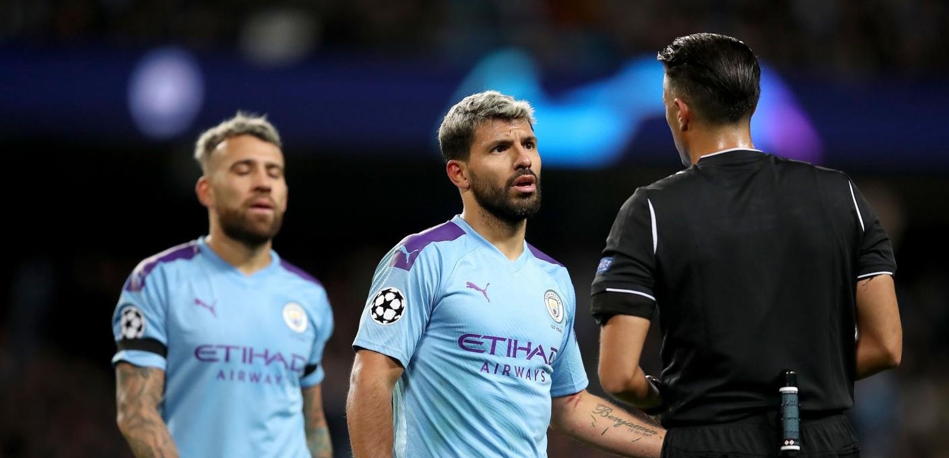 01.10.2019., stadion Etihad, Manchester, Engleska - UEFA Lige prvaka, skupina C, 2. kolo, Manchester City - GNK Dinamo. Sergio Aguero, sudac Serdar Gozubuyuk
Photo: Igor Kralj/PIXSELL