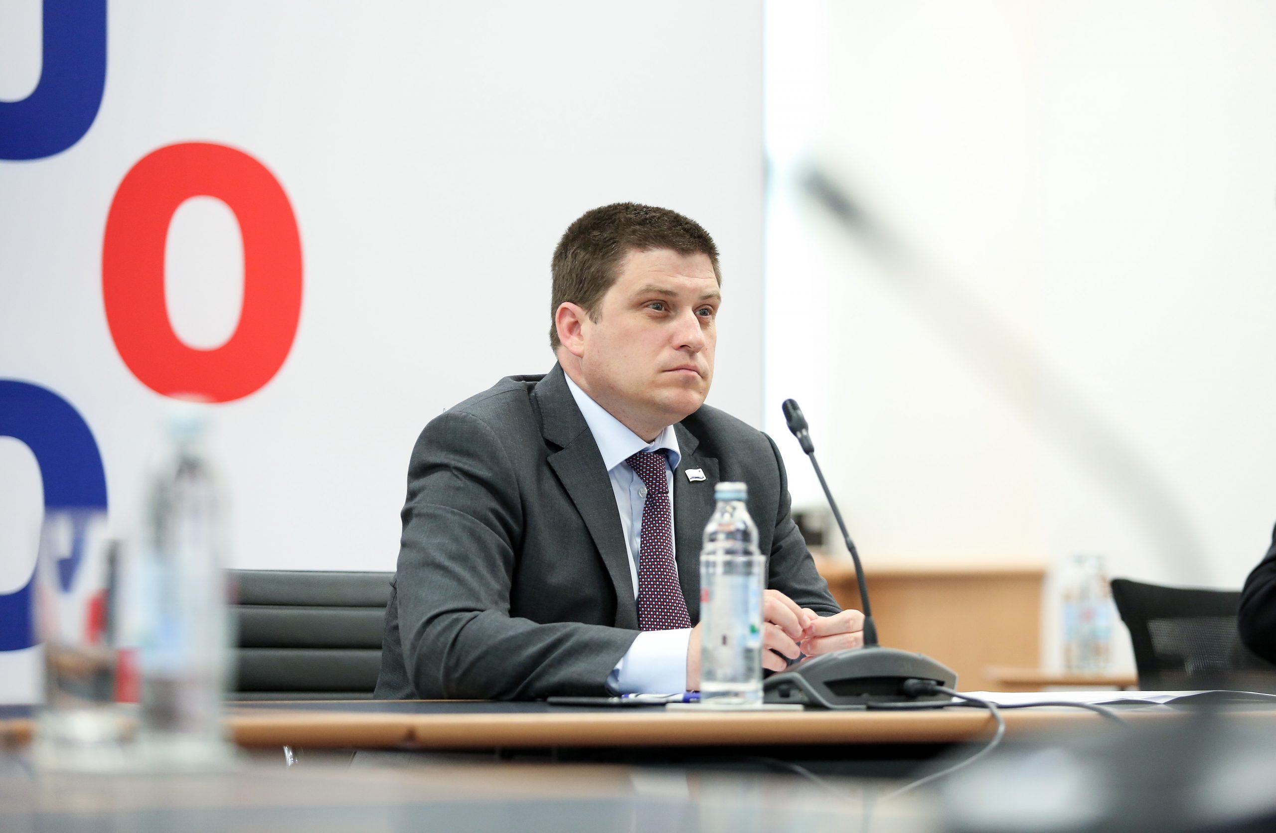 04.05.2020., Zagreb - U Nacionalnoj i sveucilisnoj knjiznici ministar mora, prometa i infrastrukture, Oleg Butkovic, odrzao je videokonferenciju s ministrima drzava clanica Europske unije. Photo: Emica Elvedji/PIXSELL/EU2020HR