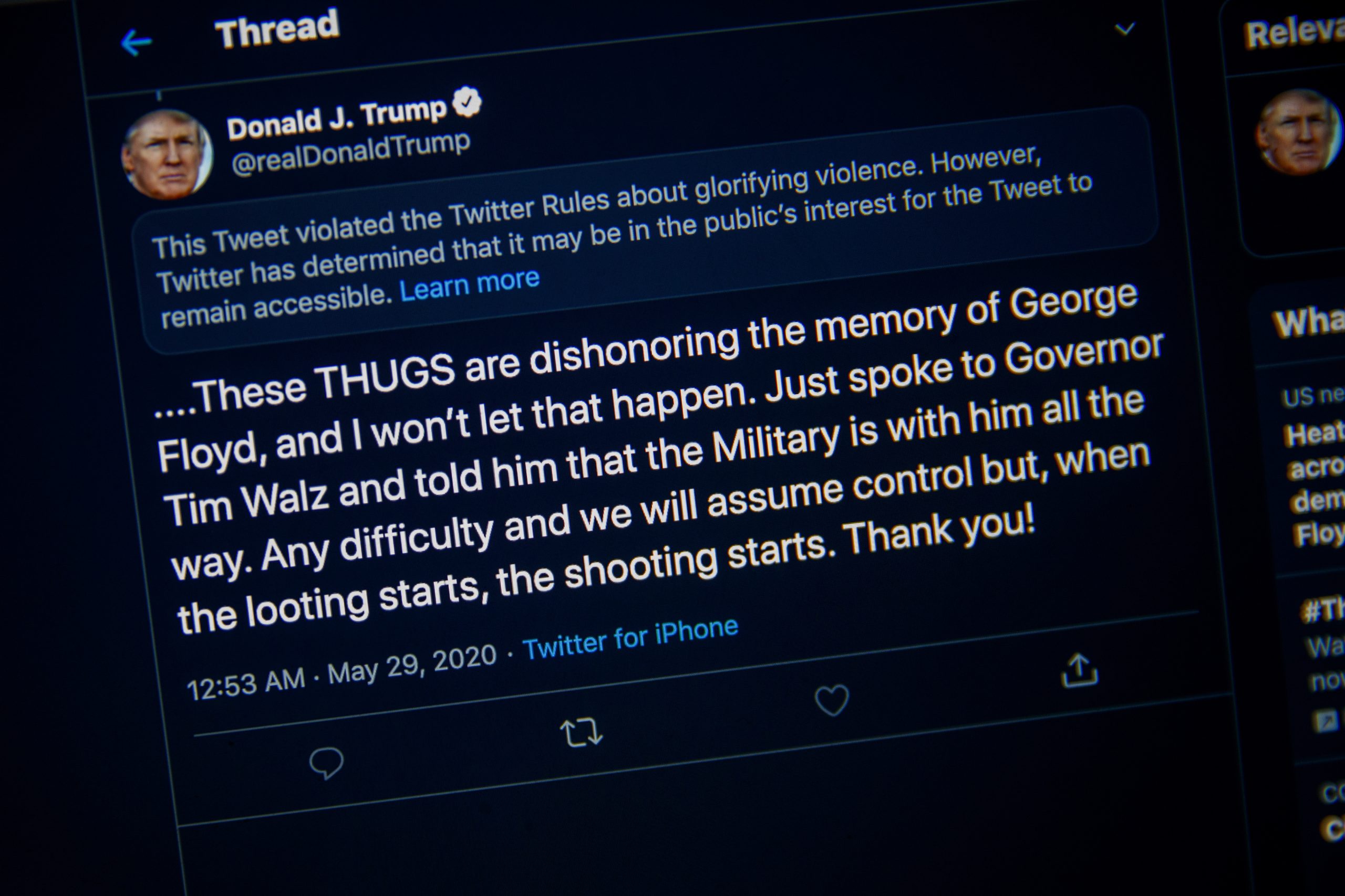 epa08451989 A photograph of a computer screen shows the tweet and the warning that Twitter placed on US President Donald J. Trump's tweet from earlier this morning in Washington, DC USA, 29 May 2020. President Trump's tweet implied that looters in Minneapolis, Minnesota could be shot.  EPA/SHAWN THEW