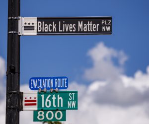 epa08467776 New street signs read Black Lives Matter on 16th Street near the White House, where there have been of seven days of protests over the death of George Floyd, who died in police custody, in Washington, DC, USA, 05 June 2020. Earlier in the day DC Mayor Muriel Bowser renamed that section of 16th Street Black Lives Matter Plaza.  EPA/SHAWN THEW