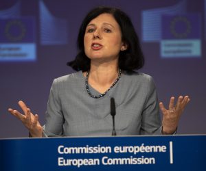 epa08476819 European Commissioner for Values and Transparency Vera Jourova addresses a joint online press conference with European Union foreign policy chief Josep Borrell (unseen) following a weekly College of Commissioners meeting at EU headquarters in Brussels, Belgium, 10 June 2020.  EPA/FRANCISCO SECO / POOL