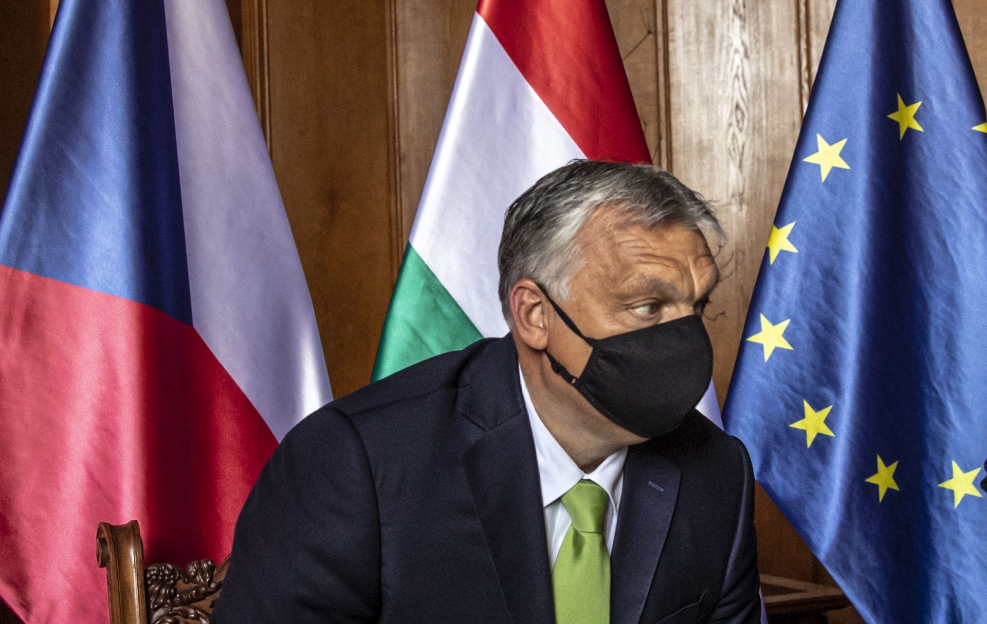 epa08478707 Hungarian Prime Minister Viktor Orban wearing protective face mask during the Visegrad Group (V4) summit at Lednice Chateau in Lednice, Czech Republic, 11 June 2020.  EPA/MARTIN DIVISEK