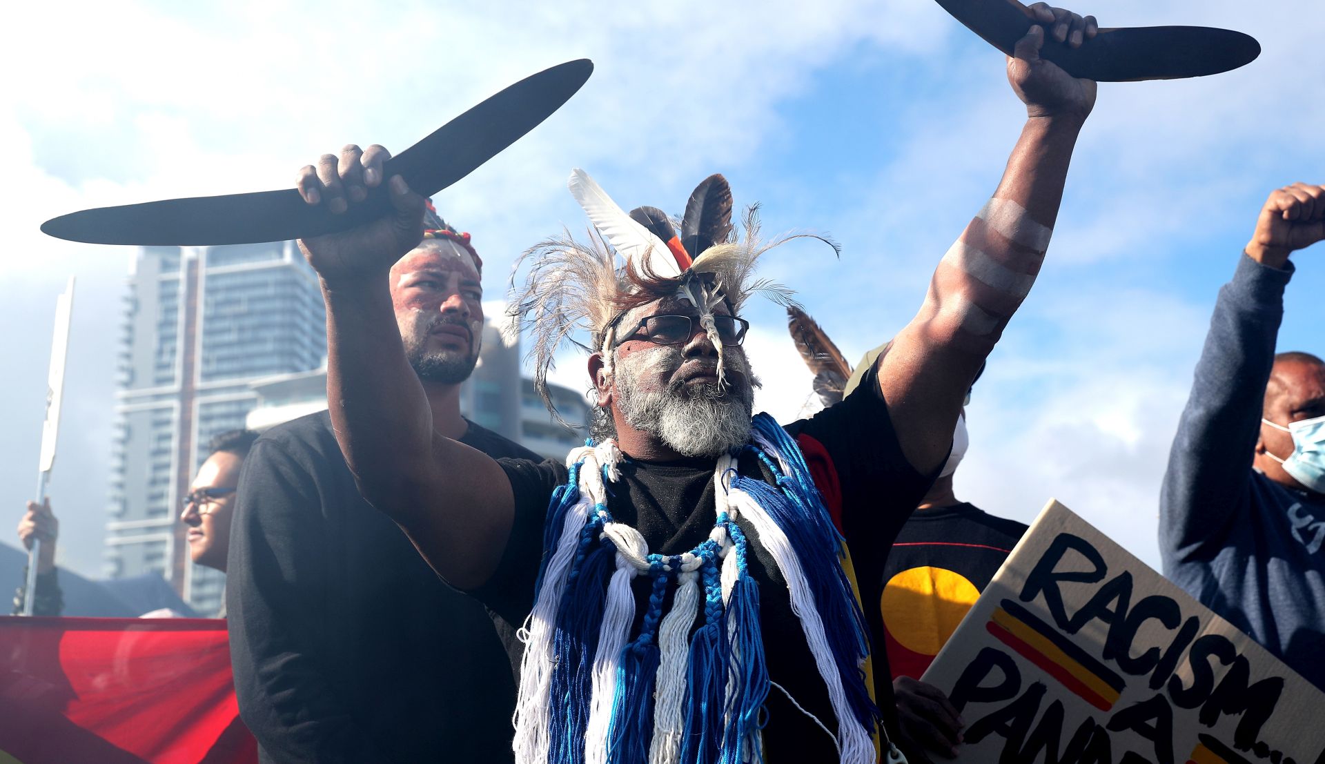 epa08481984 Protesters and activists attend a Black Lives Matter rally at Langley Park in Perth, Australia, 13 June 2020. The protest was organized to raise awareness of Aboriginal deaths in police custody.  EPA/RICHARD WAINWRIGHT AUSTRALIA AND NEW ZEALAND OUT