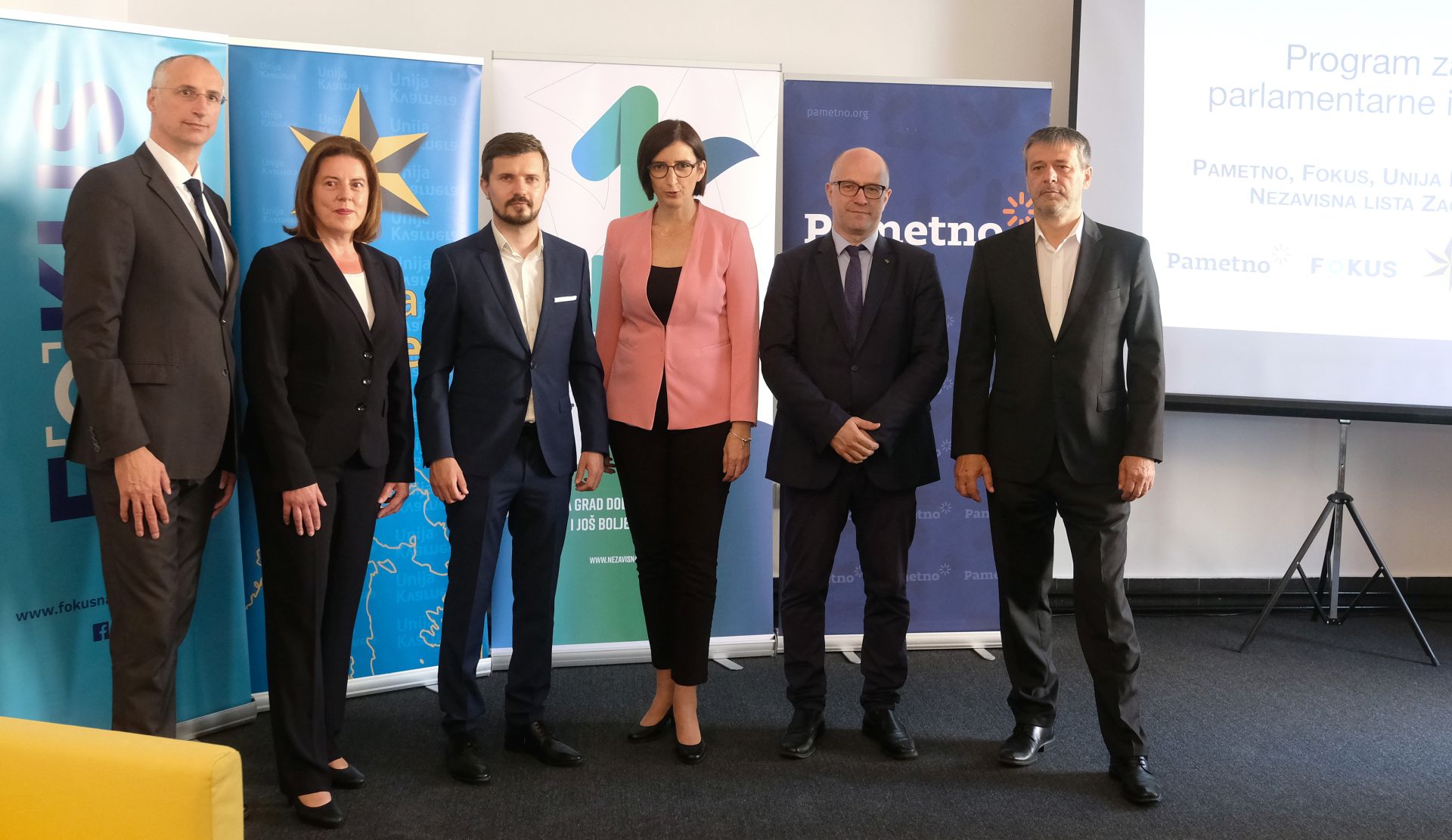 Zagreb, 13.06.2020. - Predstavljanje programa koalicije stranaka Pametno, Fokus, Nezavisna lista Zagreb i Unija Kvarnera. 
Na fotografiji Ivica Puljak, Marijana Sumpor, Davor Nađi, Marijana Puljak, Vedran Kružič, Davor Huić.
foto HINA/ Edvard ŠUŠAK/ es