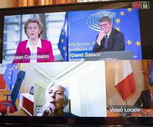 epa08482282 A handout picture made available by the Chigi Palace (Palazzo Chigi) Press Office shows European Commission President Ursula von der Leyen (top L), European Parliament President David Sassoli (top R), European Commissioner for Economy Paolo Gentiloni (bottom L), and President of the European Central Bank (ECB) Christine Lagarde (bottom C) during a video link with Italian Premier Giuseppe Conte (bottom R) during the Estates General national consultations at Villa Pamphilj, Rome, Italy, 13 June 2020. The estates general, a week-long COVID recovery summit led by Premier Giuseppe Conte, will last a week beginning 12 June and involves employers, unions and the political opposition.  EPA/Filippo Attili/Chigi Palace / HANDOUT  HANDOUT EDITORIAL USE ONLY/NO SALES