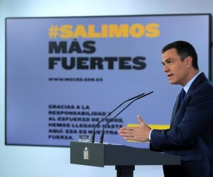epa08484667 Spanish Prime Minister Pedro Sanchez addresses a press conference after he video chatted with the presidents of Spanish regions at La Moncloa Palace, in Madrid, Spain, 14 June 2020. The emergency state, declared by central Government, will finish next 21 June.  EPA/Fernando Alvarado
