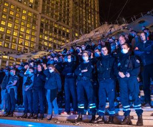 epa08487436 French Police officers gather at La Defense, Paris business district, to protest against French Interior Minister Christophe Castaner's reforms, including ditching a controversial chokehold method of arrest, in Paris, France, 15 June 2020. The police officers gathered to denounce lack of government support as protesters around the world organize protests against police brutality.  EPA/CHRISTOPHE PETIT TESSON