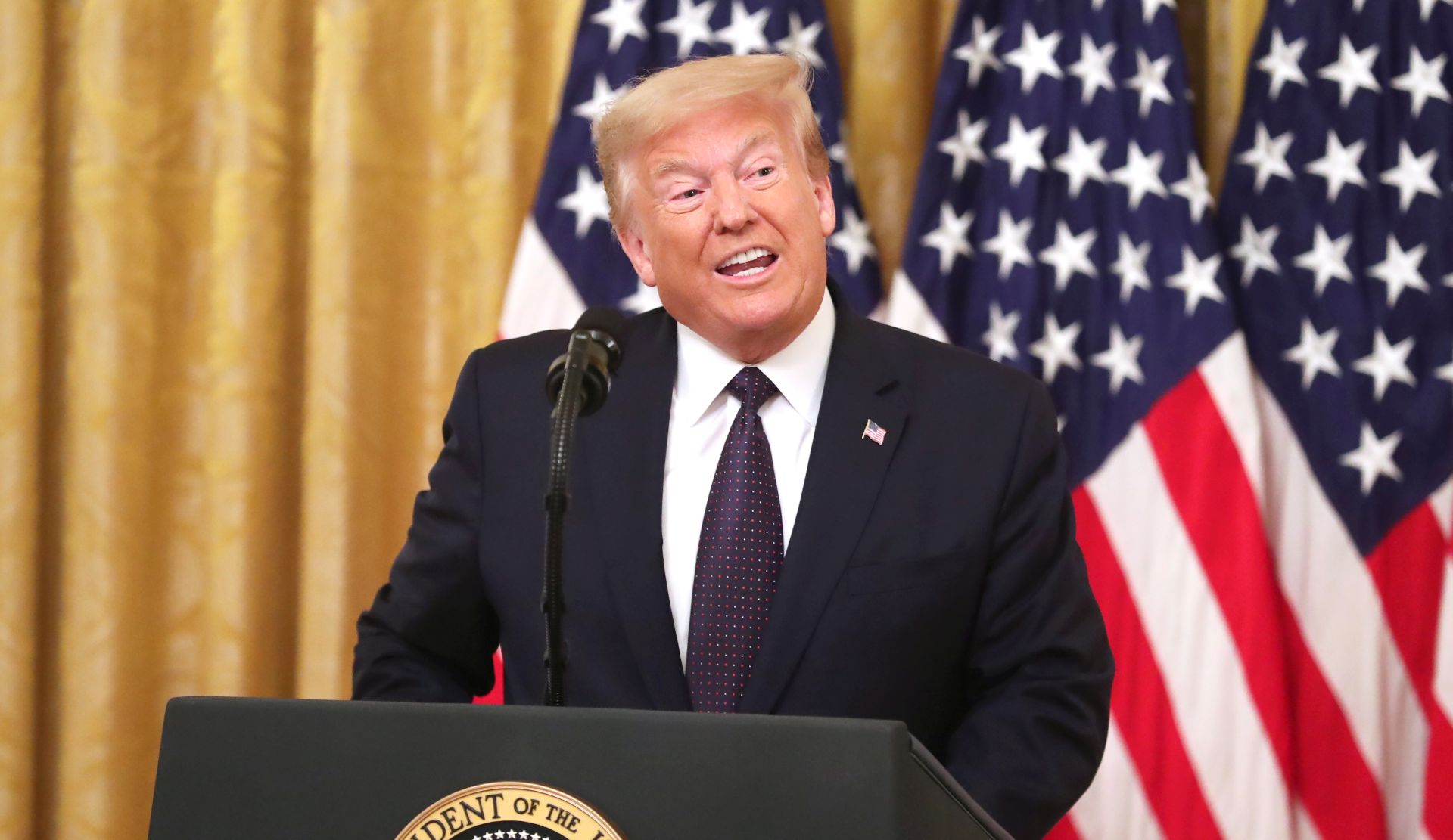 epa08491491 US President Donald J. Trump participates in an event held to introduce a plan to help prevent suicide among US veterans, in the East Room of the White House in Washington, DC, USA, 17 June 2020. US veterans have a suicide rate one and a half times higher than nonveteran adults, according to the 2019 National Veteran Suicide Prevention Annual Report.  EPA/MICHAEL REYNOLDS