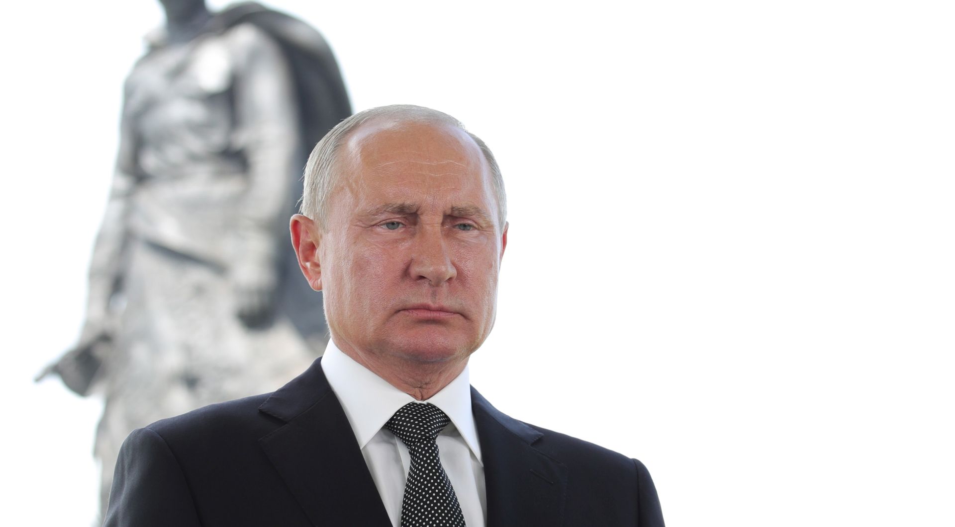 epa08517529 Russian President Vladimir Putin addresses the nation ahead of the main day of voting on amendments to the Russian Constitution, in front of the Rzhev Memorial to the Soviet Soldier near the village of Khoroshevo outside the town of Reve in Tver region, Russia, 30 June 2020. The nationwide vote on amendments to the Russian Constitution started on 25 June and runs for seven days till the main voting day on 10 July. The counting of the results for all seven days will begin on July 1 after the closing of polling stations. At first the vote was scheduled on 22 April but was postponed due to the situation with coronavirus disease (COVID-19) pandemic.  EPA/MICHAEL KLIMENTYEV/SPUTNIK/KREMLIN / POOL MANDATORY CREDIT